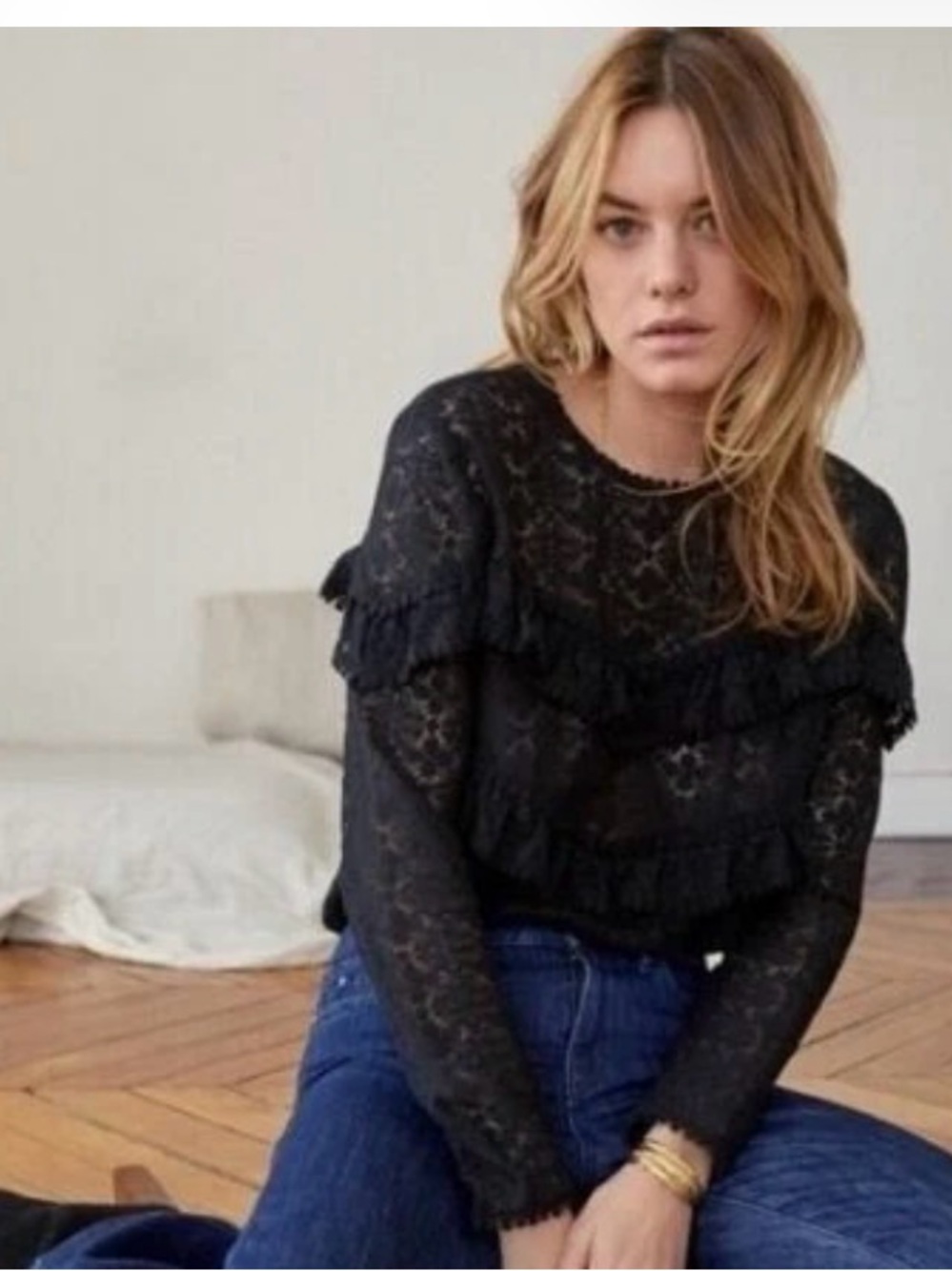 Sézane Black Lace Ruffle Long Sleeve Blouse Size 38 Romantic Victorian